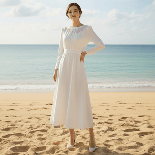 Minimalist and Modest Tea-length A-line Wedding Dress with Long Sleeve - Rosymae