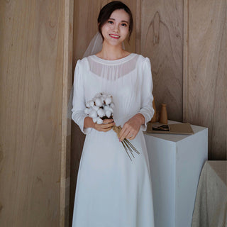Minimalist and Modest Tea-length A-line Wedding Dress with Long Sleeve - Rosymae