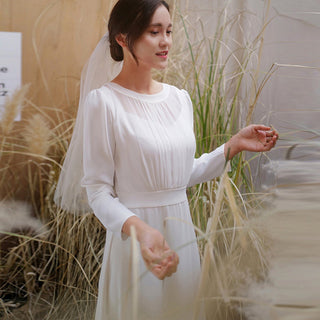Minimalist and Modest Tea-length A-line Wedding Dress with Long Sleeve - Rosymae