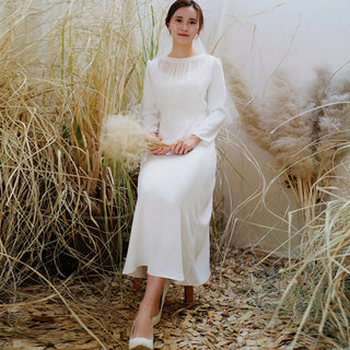 Minimalist and Modest Tea-length A-line Wedding Dress with Long Sleeve - Rosymae