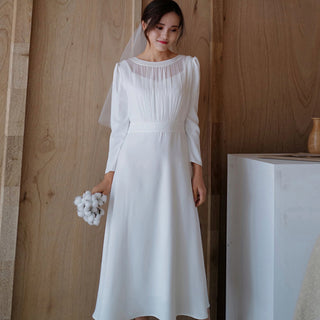 Minimalist and Modest Tea-length A-line Wedding Dress with Long Sleeve - Rosymae