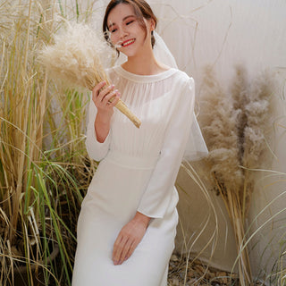 Minimalist and Modest Tea-length A-line Wedding Dress with Long Sleeve - Rosymae