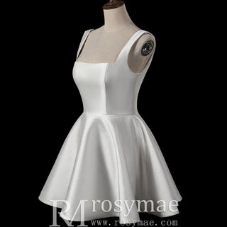 Minimalist Satin Mini Wedding Dress with Square Neckline - Rosymae