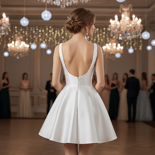 Minimalist Satin Mini Wedding Dress with Square Neckline - Rosymae