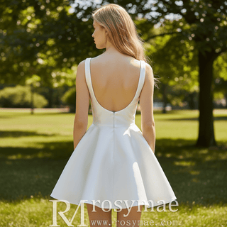 Minimalist Satin Mini Wedding Dress with Square Neckline - Rosymae