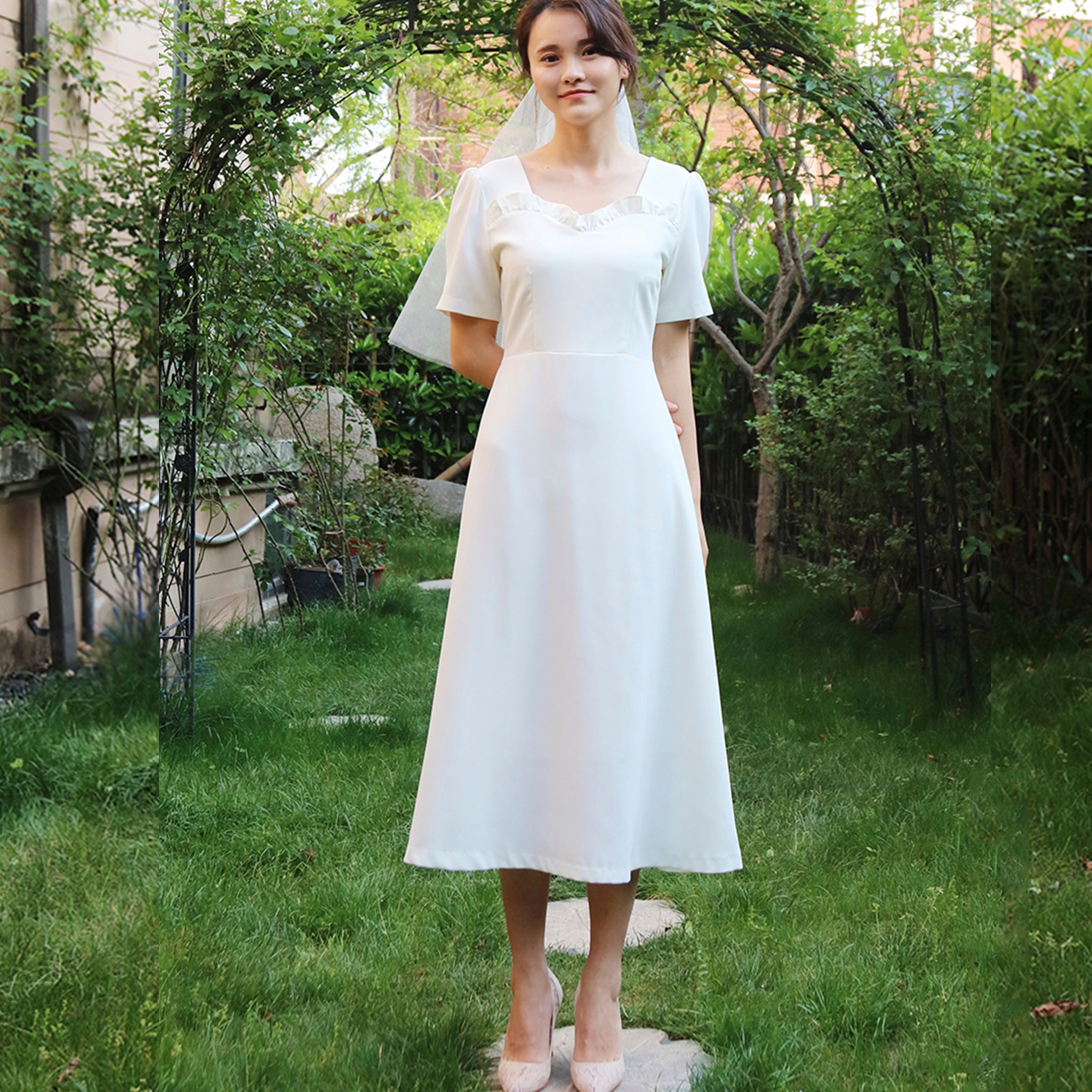 knee length dresses for ladies Minimalist Vintage-inspired Summer Short Wedding Gown Midi Dress – Rosymae