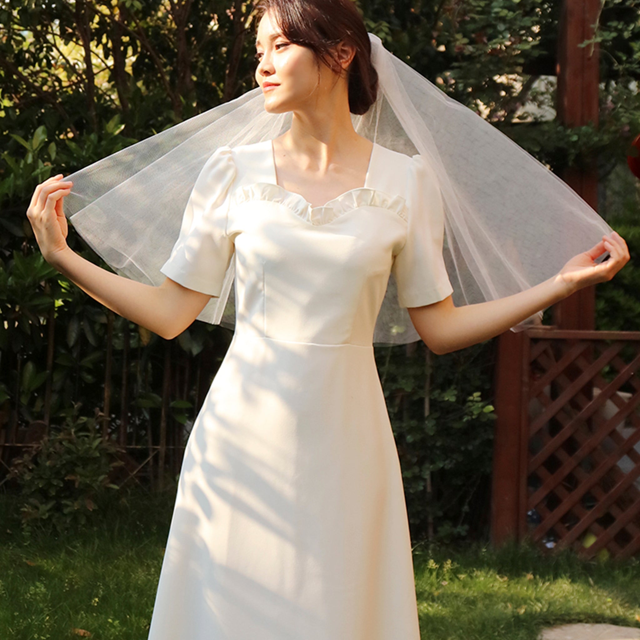 Minimalist Vintage-inspired Summer Short Wedding Gown Midi Dress Champagne / Custom Size Minimalist Vintage-inspired Summer Short Wedding Gown Midi Dress Champagne / Custom Size