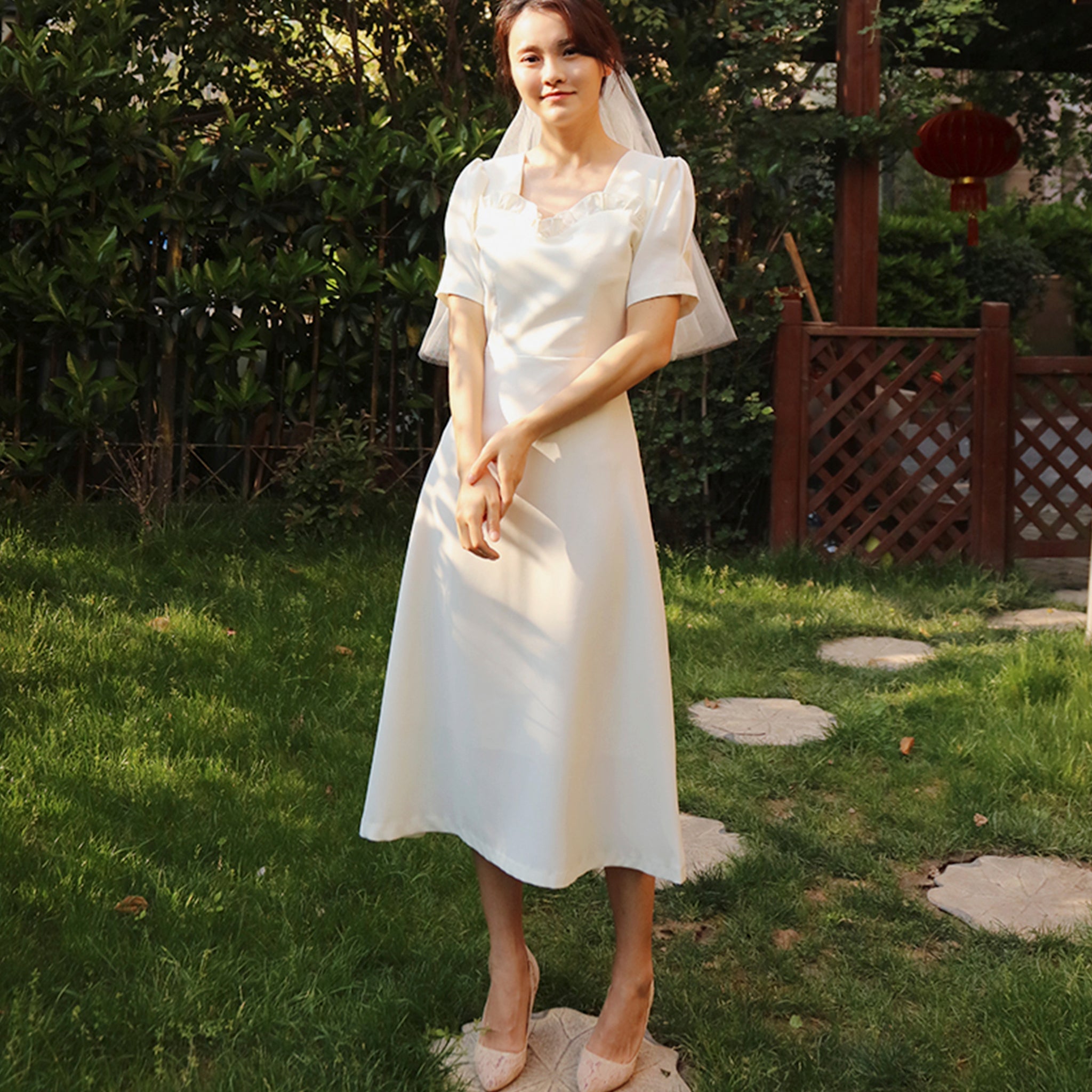 Vintage-inspired Midi Wedding Dress with A-line Silhouette Champagne / Custom Size