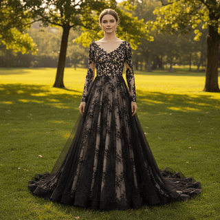 Mix Black Champagne Bride Wedding Dress with Long Sleeve - Rosymae