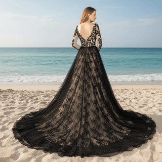 Mix Black Champagne Bride Wedding Dress with Long Sleeve - Rosymae