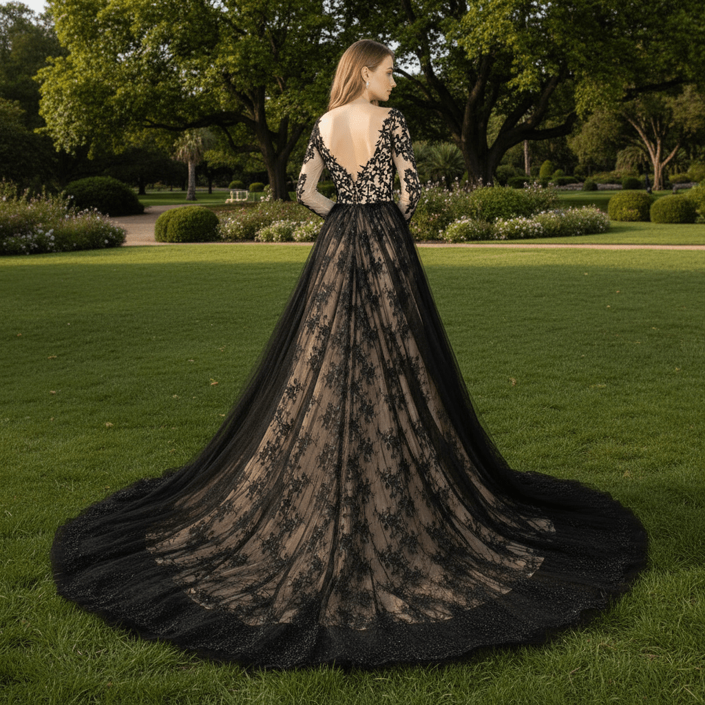 Mix Black Champagne Bride Wedding Dress with Long Sleeve - Rosymae