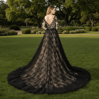 Mix Black Champagne Bride Wedding Dress with Long Sleeve - Rosymae
