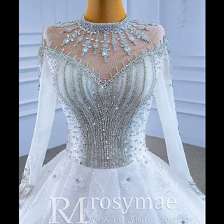 Mock Neck Long Sleeve Ball Gown Wedding Dress Luxury Bridal Gown - Rosymae