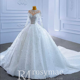 Mock Neck Long Sleeve Ball Gown Wedding Dress Luxury Bridal Gown - Rosymae