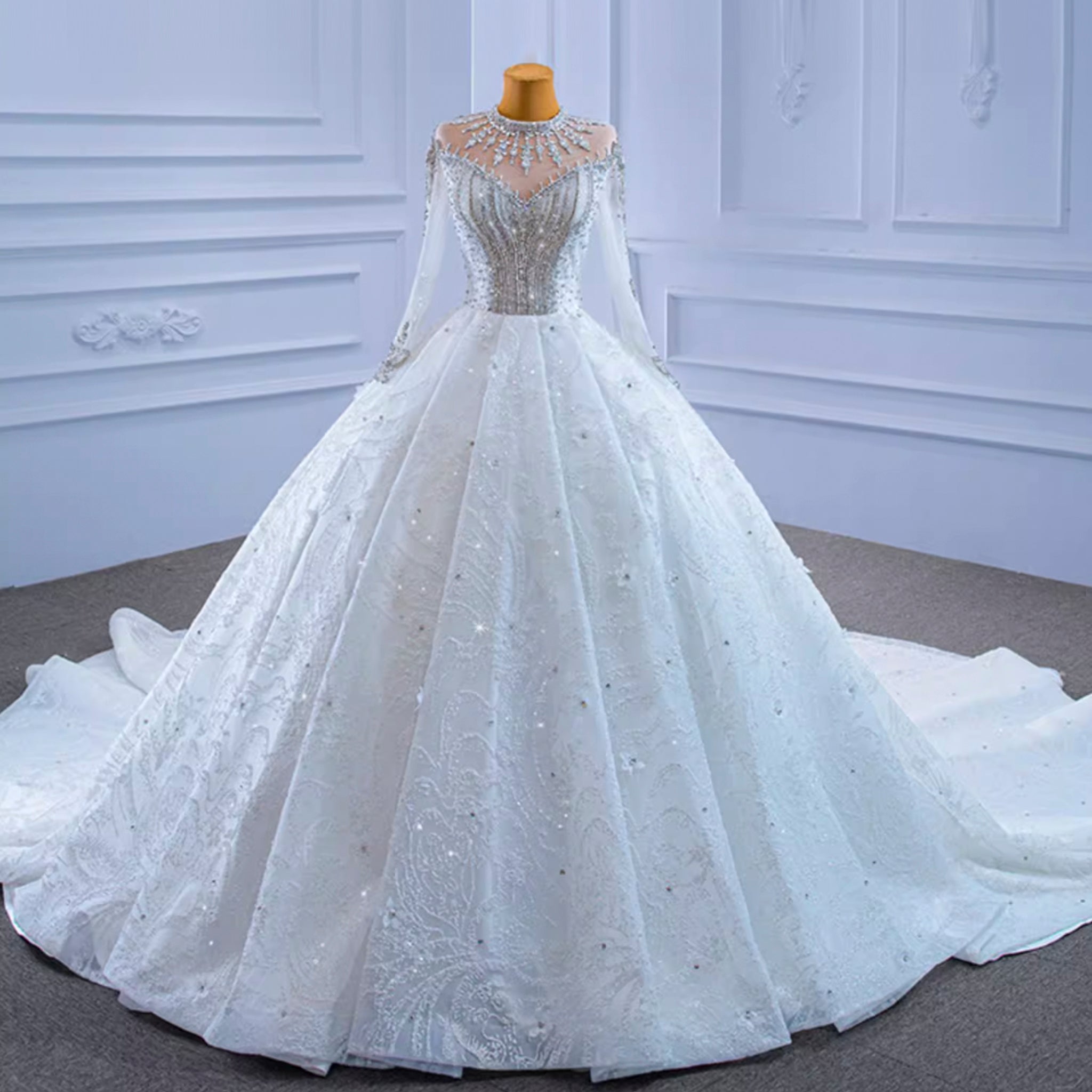 Mock Neck Long Sleeve Ball Gown Wedding Dress Luxury Bridal Gown - Rosymae