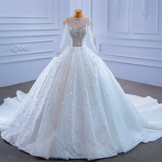 Mock Neck Long Sleeve Ball Gown Wedding Dress Luxury Bridal Gown - Rosymae