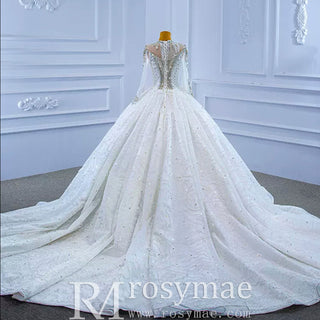 Mock Neck Long Sleeve Ball Gown Wedding Dress Luxury Bridal Gown - Rosymae