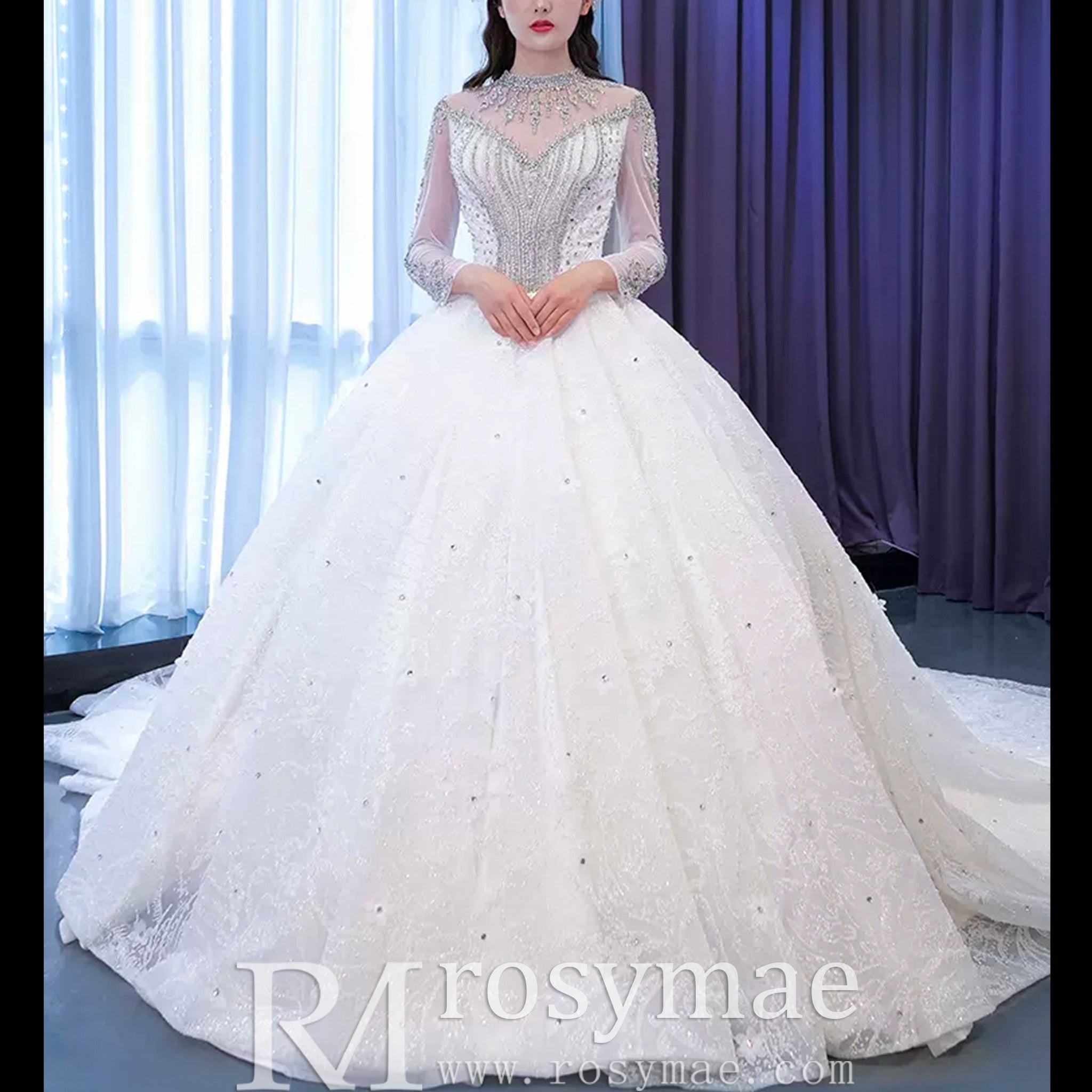 Mock Neck Long Sleeve Ball Gown Wedding Dress Luxury Bridal Gown - Rosymae