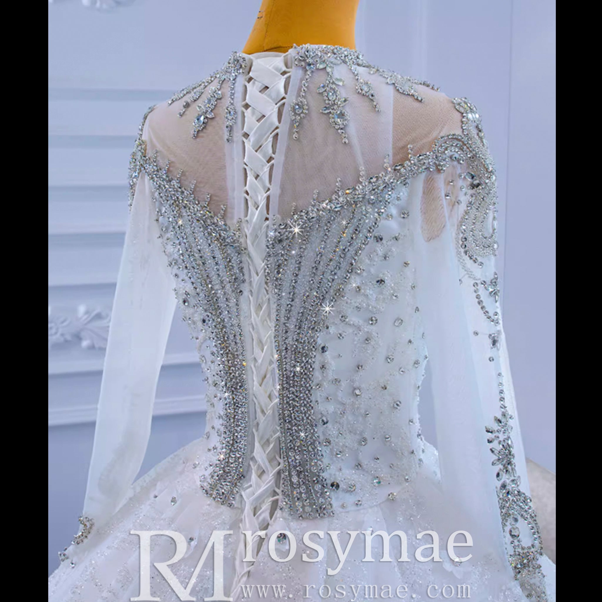 Mock Neck Long Sleeve Ball Gown Wedding Dress Luxury Bridal Gown - Rosymae