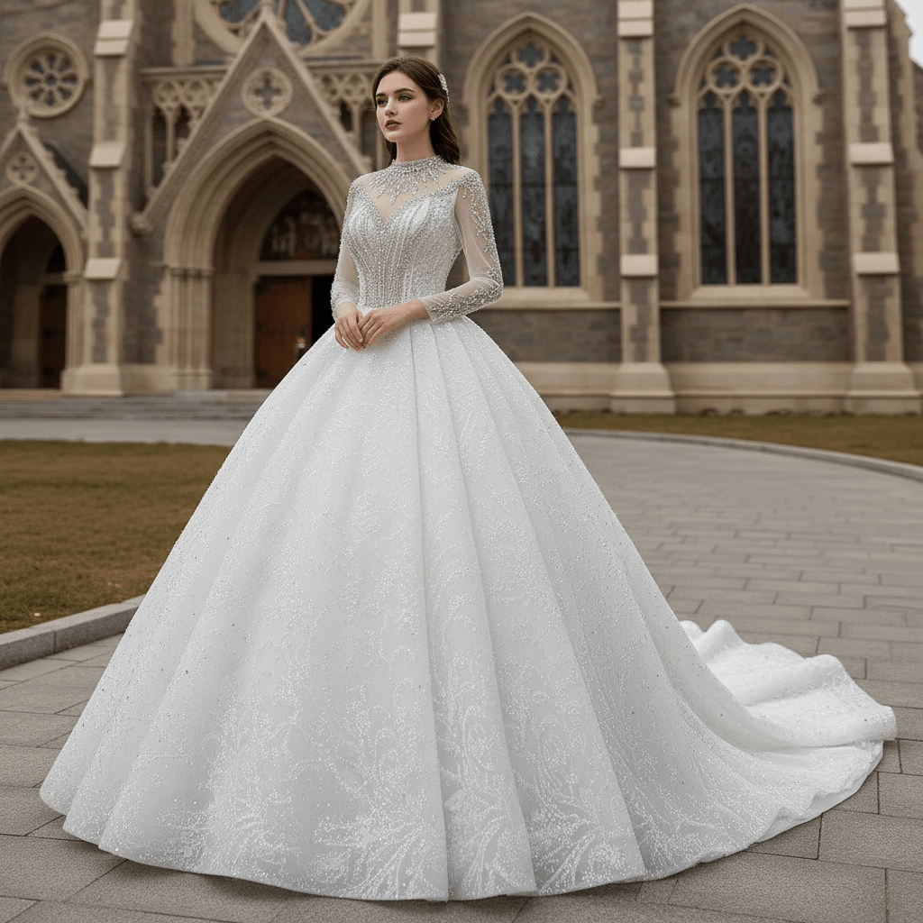 Mock Neck Long Sleeve Ball Gown Wedding Dress Luxury Bridal Gown - Rosymae