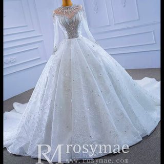 Mock Neck Long Sleeve Ball Gown Wedding Dress Luxury Bridal Gown - Rosymae