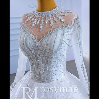Mock Neck Long Sleeve Ball Gown Wedding Dress Luxury Bridal Gown - Rosymae