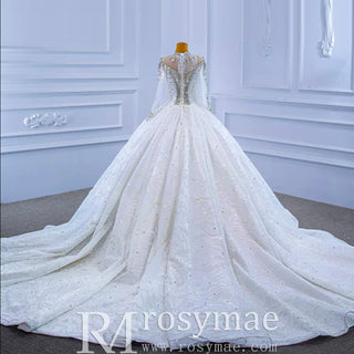 Mock Neck Long Sleeve Ball Gown Wedding Dress Luxury Bridal Gown - Rosymae
