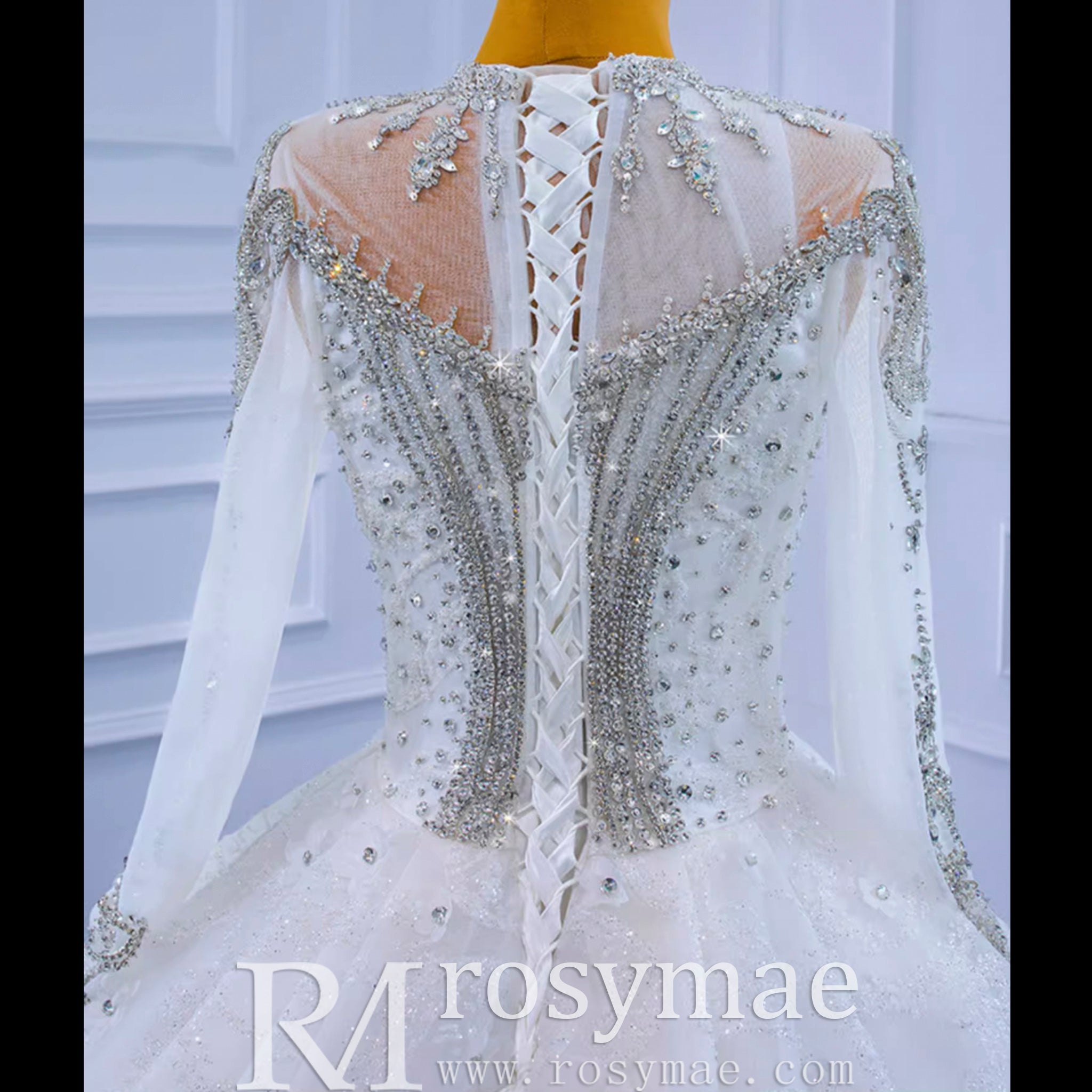 Mock Neck Long Sleeve Ball Gown Wedding Dress Luxury Bridal Gown - Rosymae