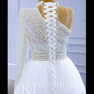 Mock Neck Pearl Beaded Overskirt Wedding Dress with One Shoulder Sleeve - Rosymae