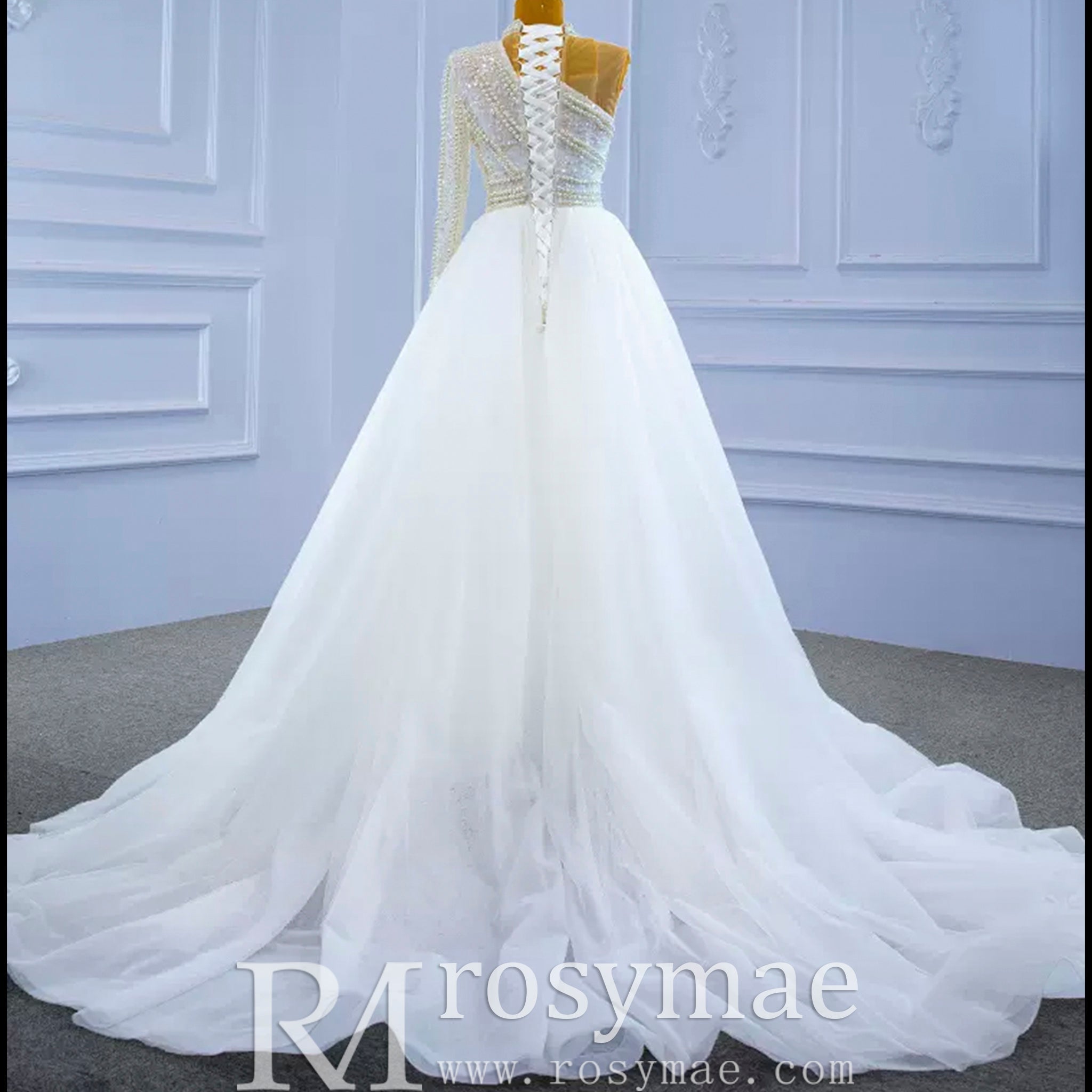 Mock Neck Pearl Beaded Overskirt Wedding Dress with One Shoulder Sleeve - Rosymae