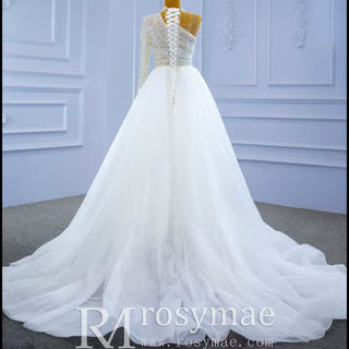 Mock Neck Pearl Beaded Overskirt Wedding Dress with One Shoulder Sleeve - Rosymae