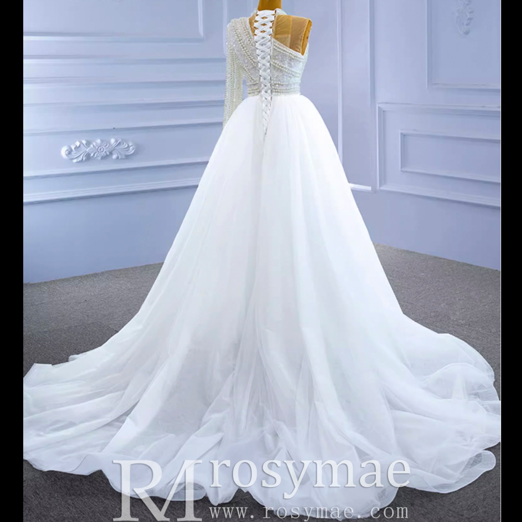 Mock Neck Pearl Beaded Overskirt Wedding Dress with One Shoulder Sleeve - Rosymae