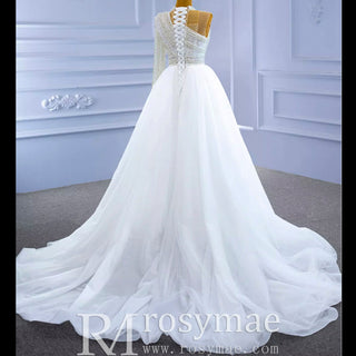 Mock Neck Pearl Beaded Overskirt Wedding Dress with One Shoulder Sleeve - Rosymae