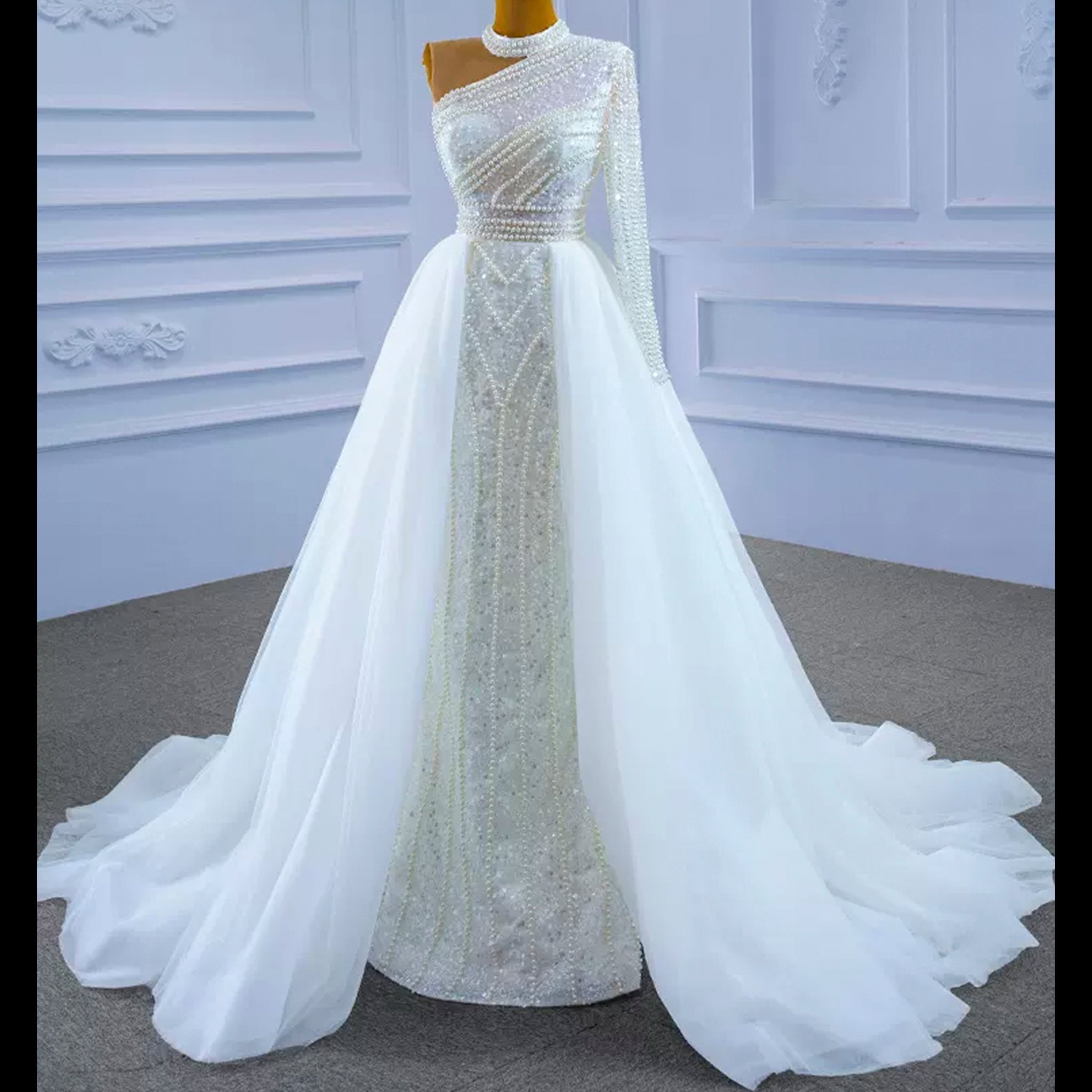 Mock Neck Pearl Beaded Overskirt Wedding Dress with One Shoulder Sleeve - Rosymae