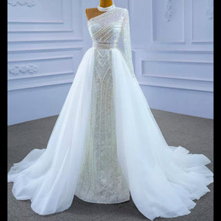 Mock Neck Pearl Beaded Overskirt Wedding Dress with One Shoulder Sleeve - Rosymae