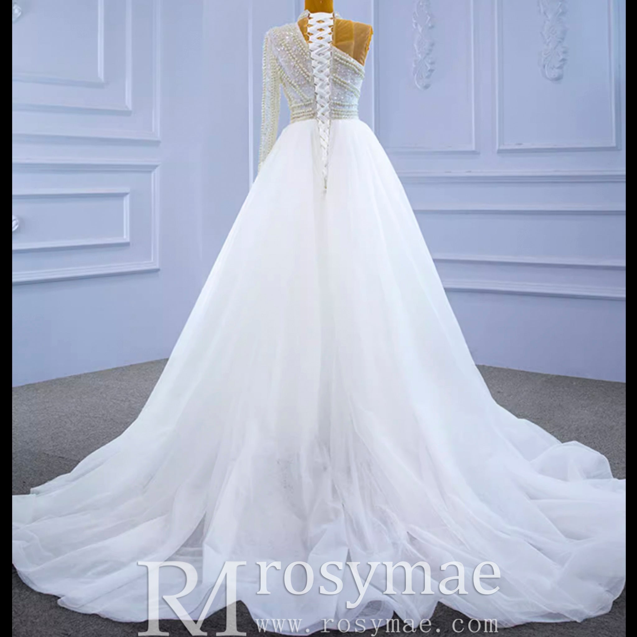 Mock Neck Pearl Beaded Overskirt Wedding Dress with One Shoulder Sleeve - Rosymae