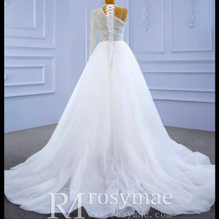 Mock Neck Pearl Beaded Overskirt Wedding Dress with One Shoulder Sleeve - Rosymae