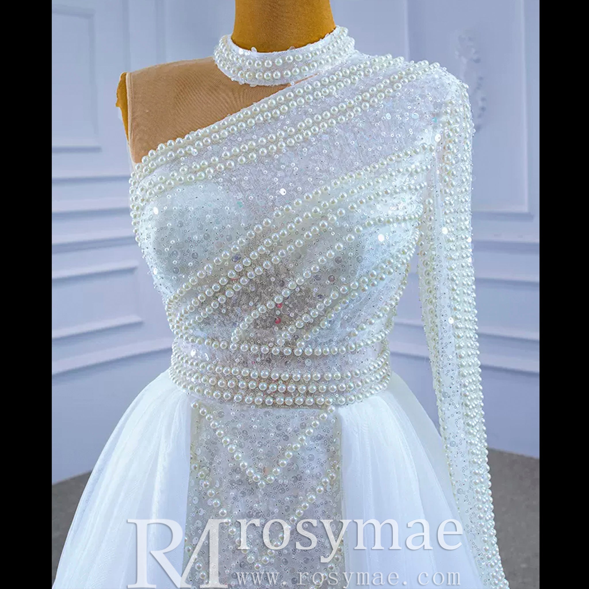 Mock Neck Pearl Beaded Overskirt Wedding Dress with One Shoulder Sleeve - Rosymae
