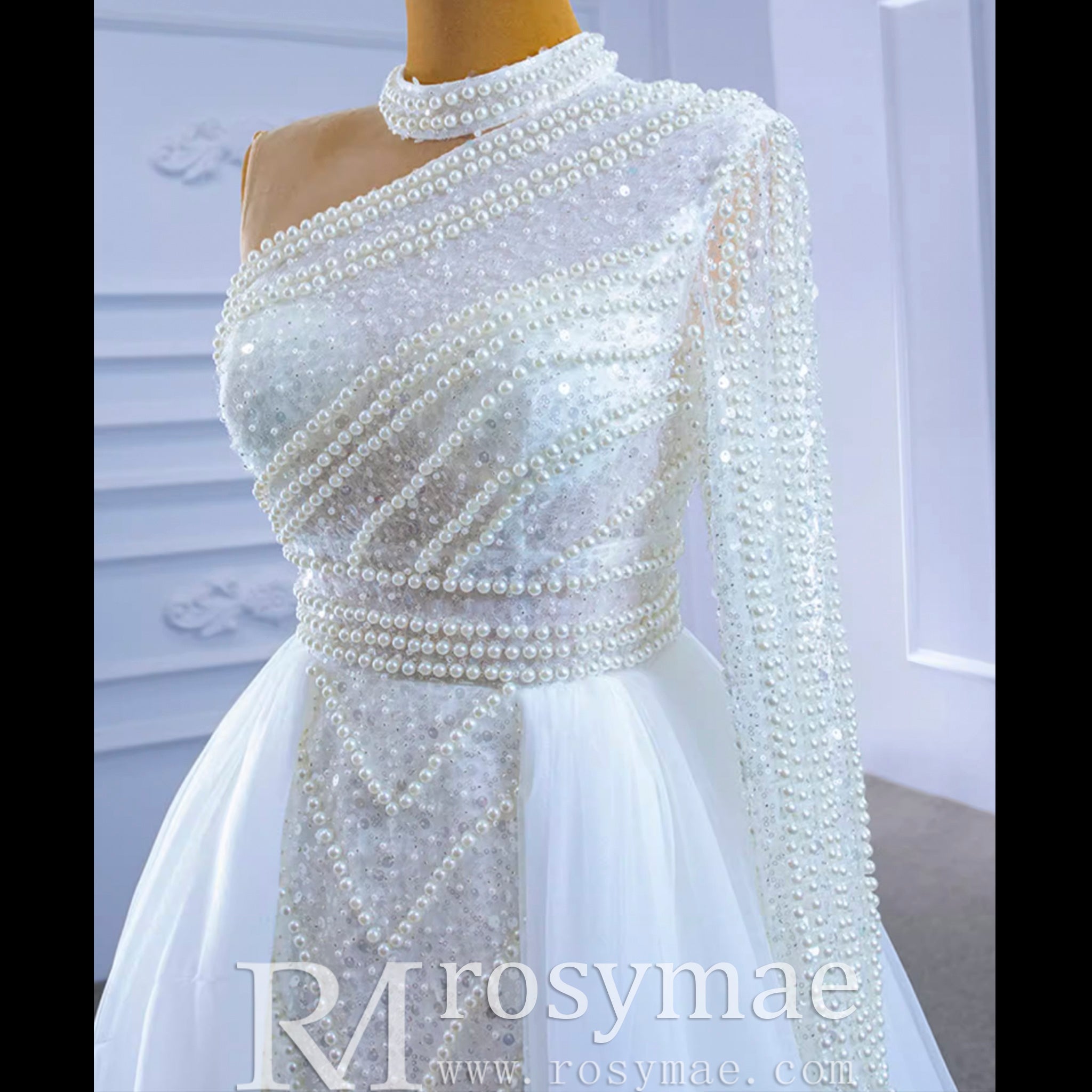 Mock Neck Pearl Beaded Overskirt Wedding Dress with One Shoulder Sleeve - Rosymae