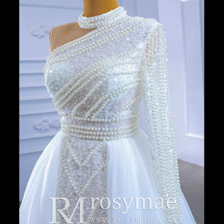 Mock Neck Pearl Beaded Overskirt Wedding Dress with One Shoulder Sleeve - Rosymae