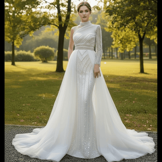 Mock Neck Pearl Beaded Overskirt Wedding Dress with One Shoulder Sleeve - Rosymae
