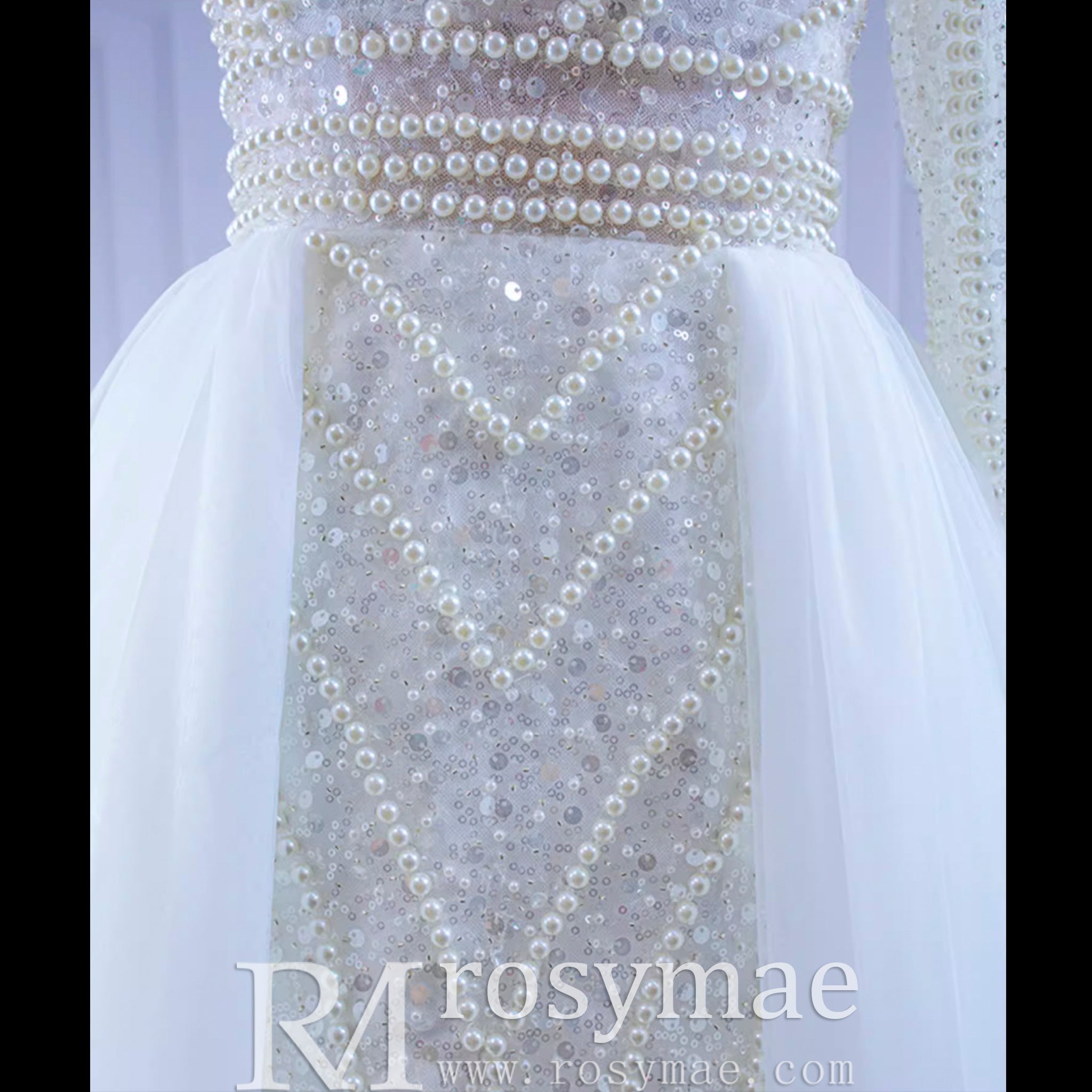 Mock Neck Pearl Beaded Overskirt Wedding Dress with One Shoulder Sleeve - Rosymae
