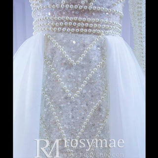 Mock Neck Pearl Beaded Overskirt Wedding Dress with One Shoulder Sleeve - Rosymae