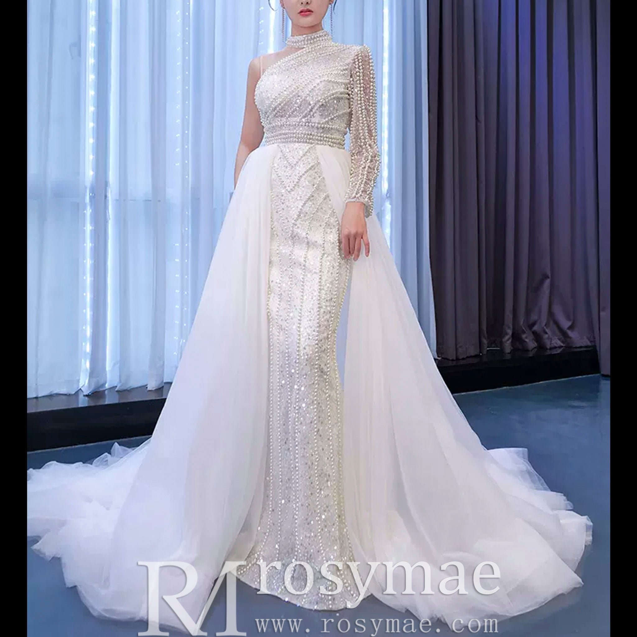 Mock Neck Pearl Beaded Overskirt Wedding Dress with One Shoulder Sleeve - Rosymae