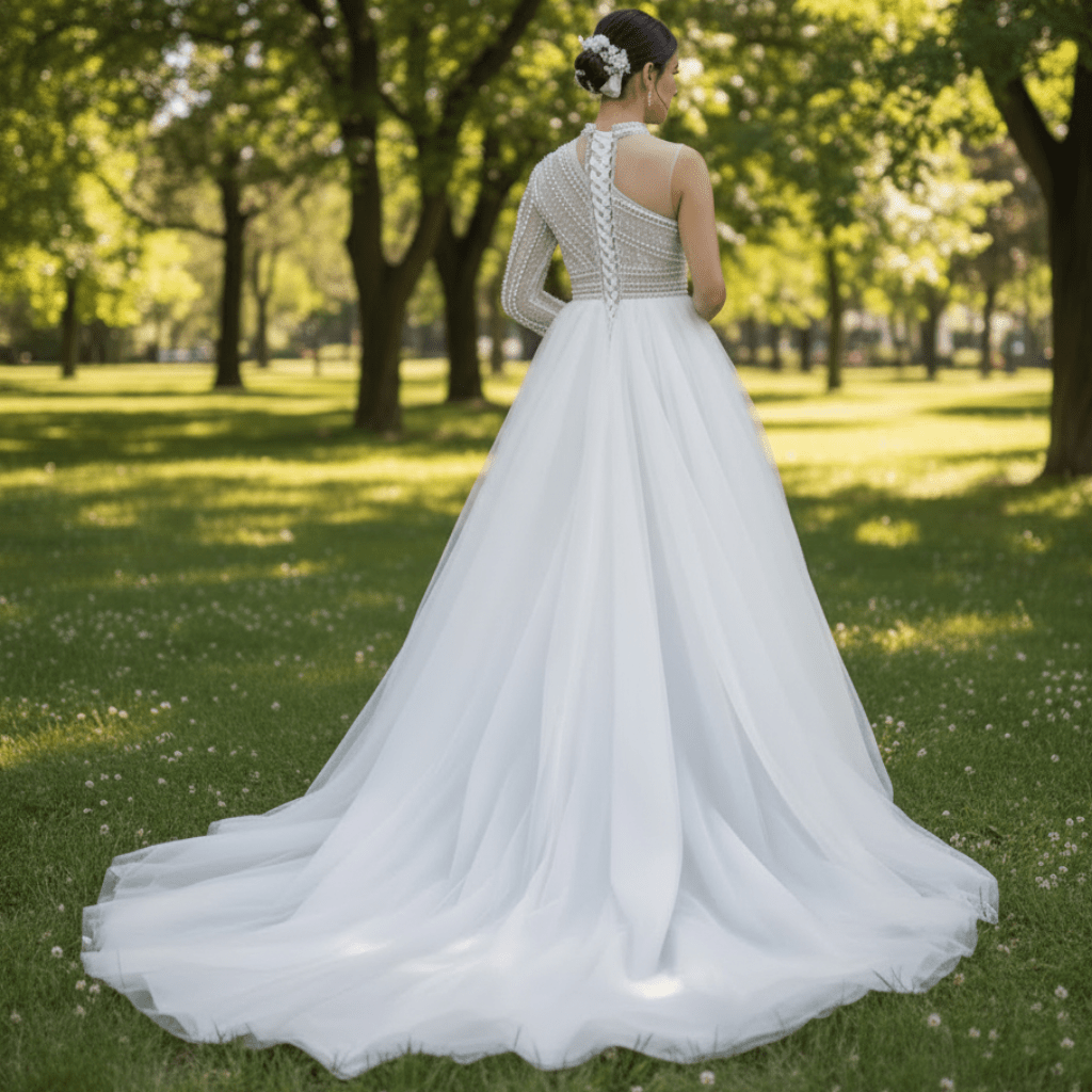 Mock Neck Pearl Beaded Overskirt Wedding Dress with One Shoulder Sleeve - Rosymae