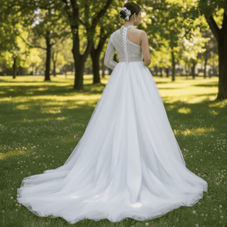 Mock Neck Pearl Beaded Overskirt Wedding Dress with One Shoulder Sleeve - Rosymae