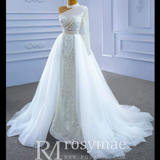 Mock Neck Pearl Beaded Overskirt Wedding Dress with One Shoulder Sleeve - Rosymae