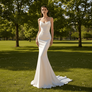 Modern Plunging Necklines Silk Wedding Dresses with Spaghetti Straps - Rosymae