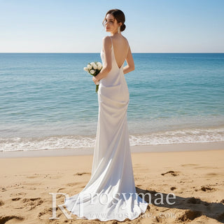 Modern Plunging Necklines Silk Wedding Dresses with Spaghetti Straps - Rosymae