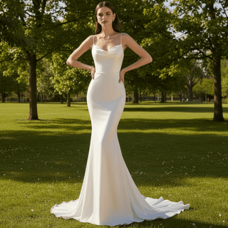 Modern Plunging Necklines Silk Wedding Dresses with Spaghetti Straps - Rosymae